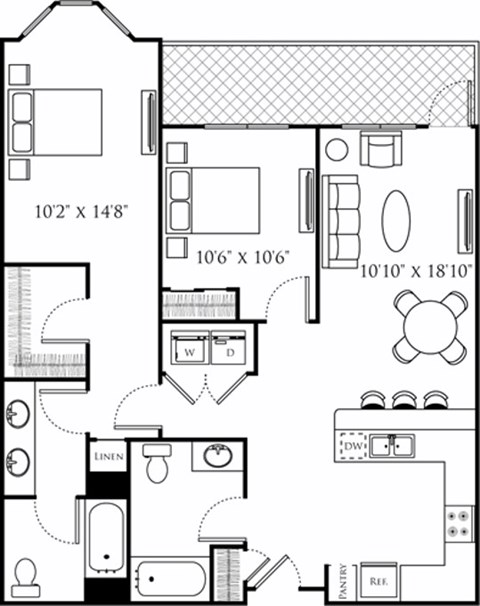 Floor plan for 2 beds, 2 baths, 1150 sqft